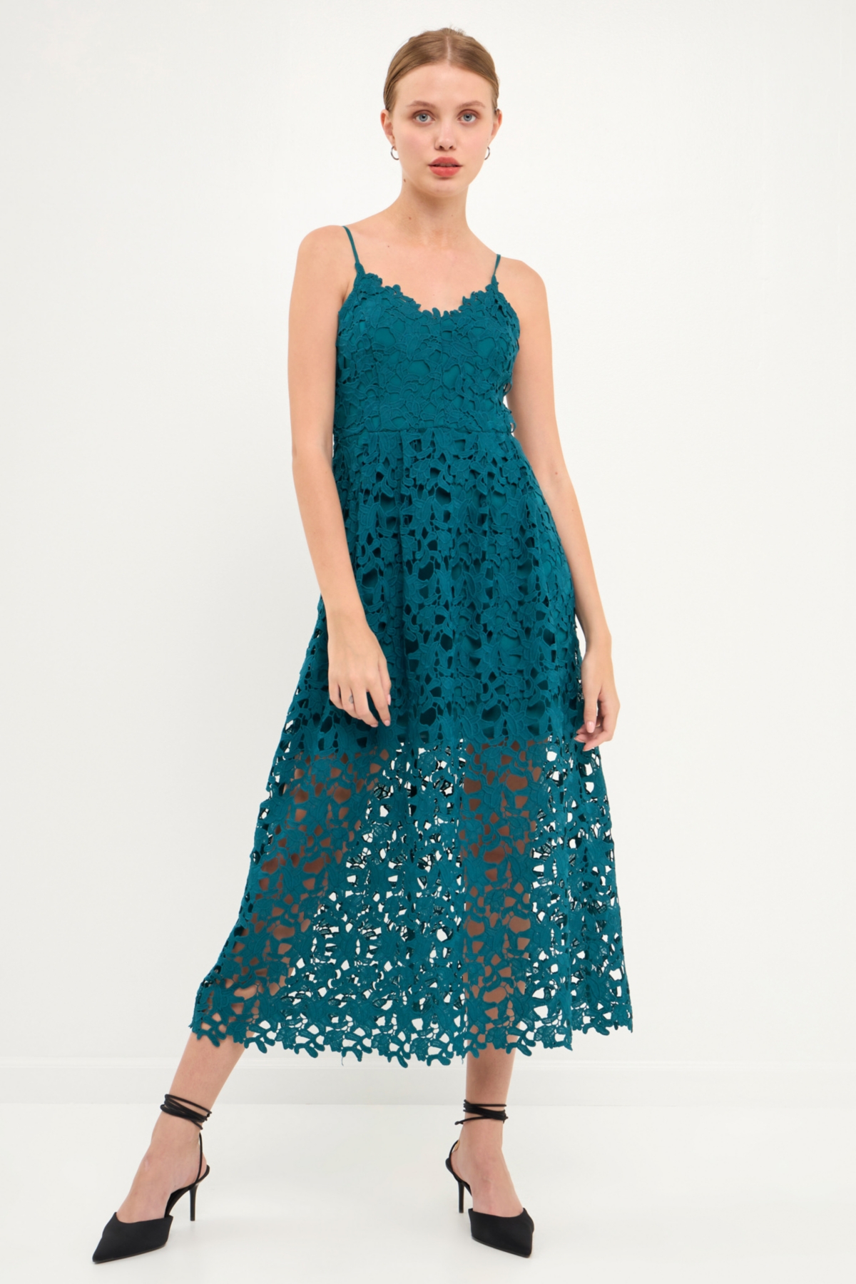 Endless Rose Lace Spaghetti Strap Midi Dress In Teal