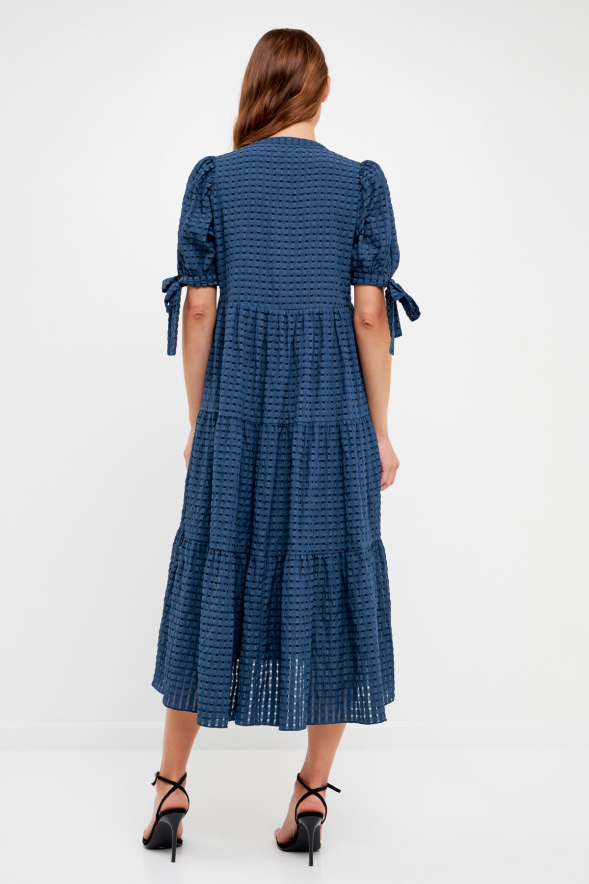 English Factory Women's Gingham Tiered Midi Dress with Bow Tie Sleeves