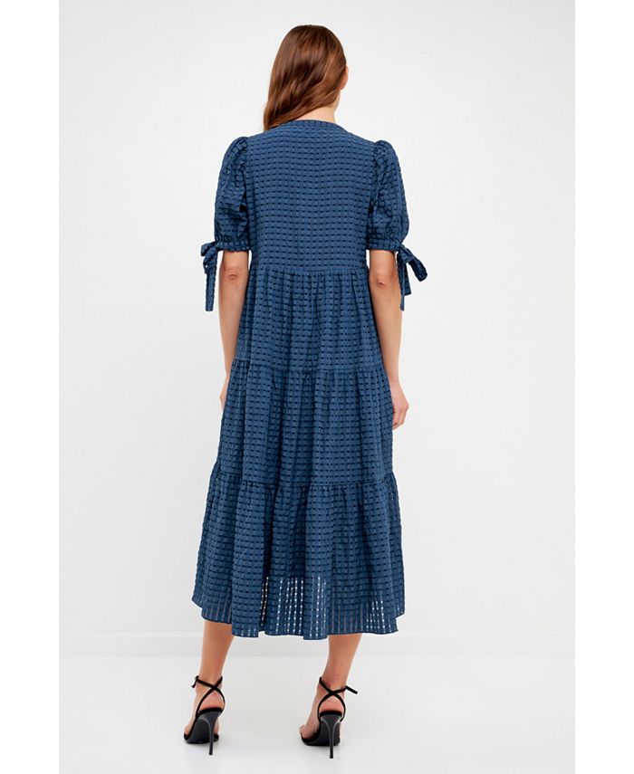 English Factory Women's Gingham Tiered Midi Dress with Bow Tie Sleeves ...