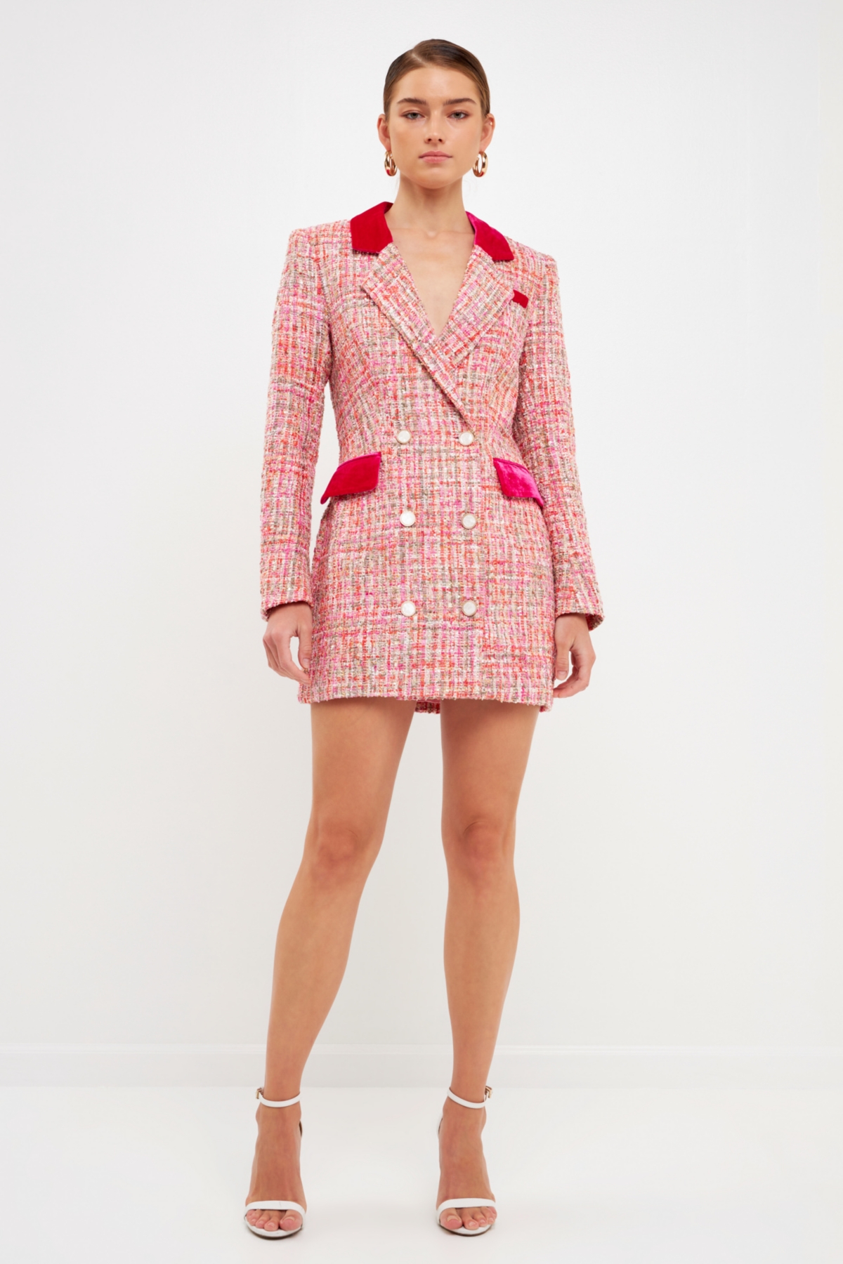 Endless Rose Premium Tweed Long Sleeve Blazer Minidress In Pink