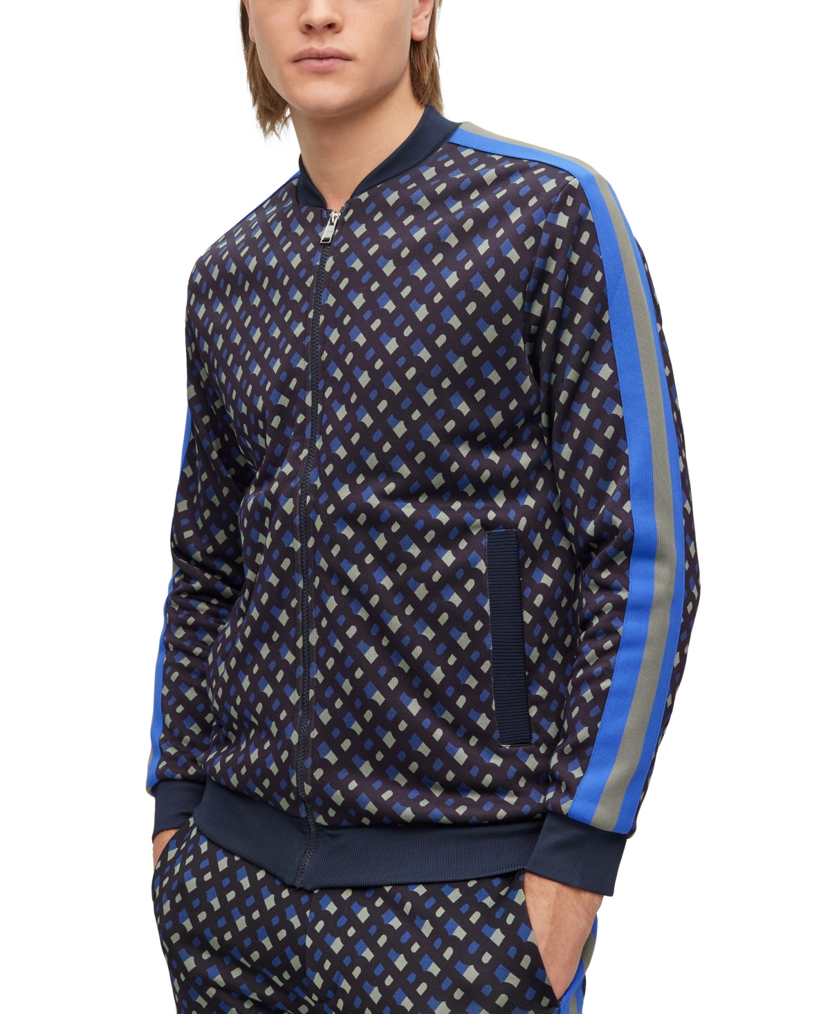 Hugo Boss Boss By  Men's Zip-up Monogram Print Sweatshirt In Dark Blue