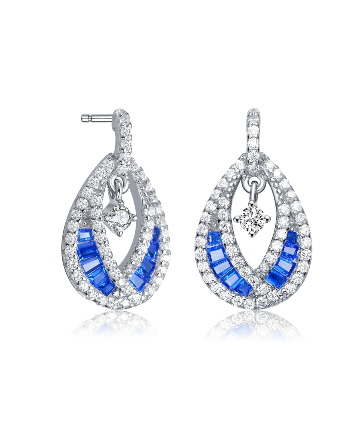 Genevive Sterling Silver 14K Gold Plated, 18K Rose Gold Plated and White Gold Plated Red Baguette and Clear Round Cubic Zirconia Pear Drop Earrings