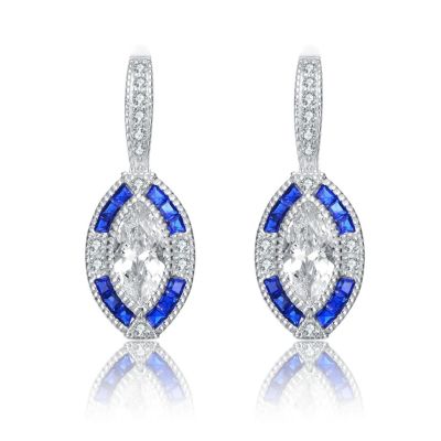 Sterling Silver with White Gold  Plated and Blue Cubic Zirconia Leverback Earrings