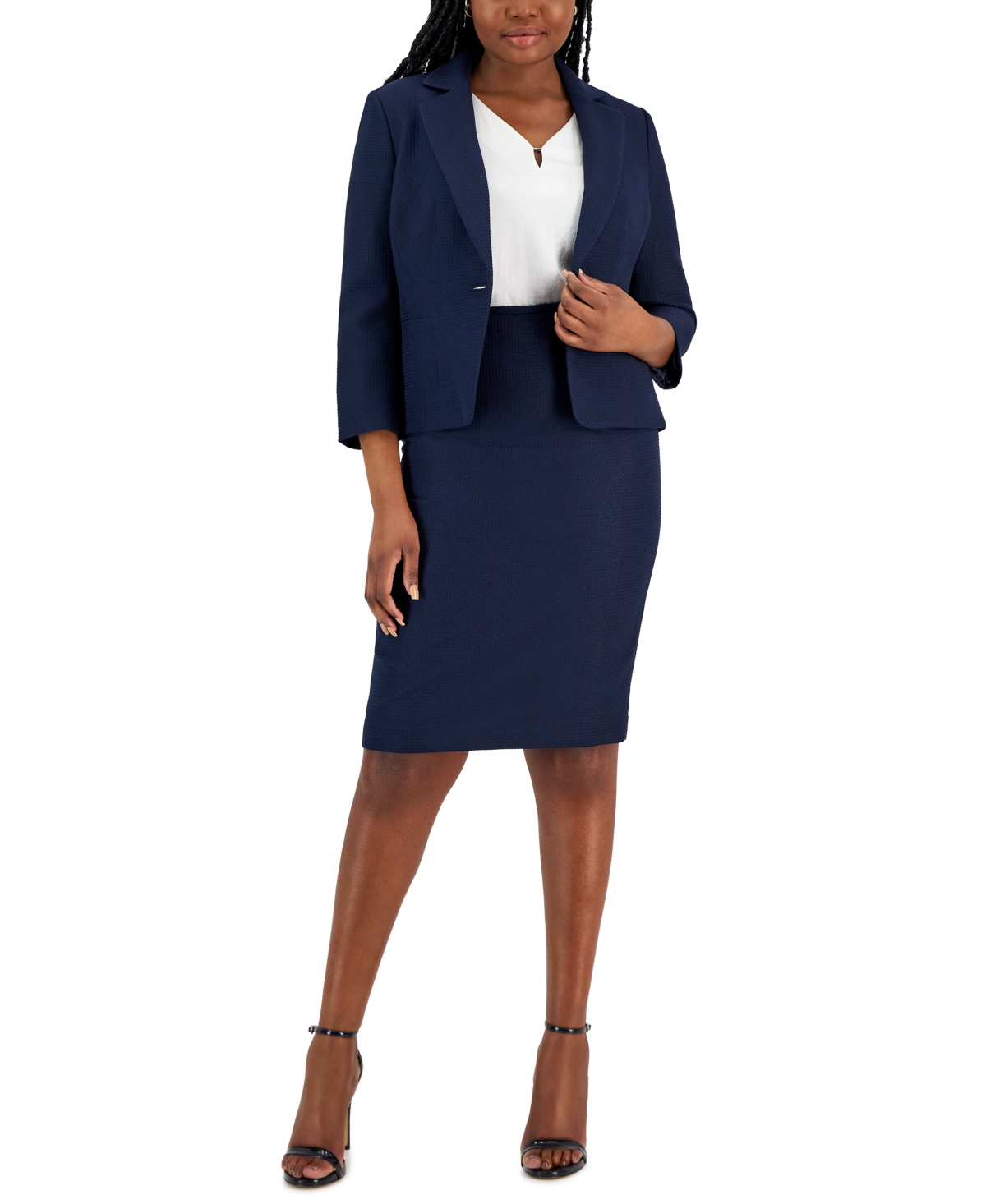 Le Suit Jacquard Single Button Jacket And Pencil Skirt Set, Regular And Petite Sizes In Navy