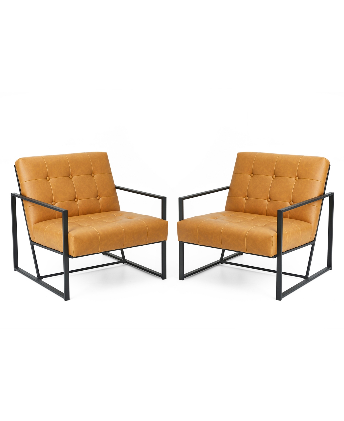 Glitzhome 31.50" 2 Piece Polyurethane Leather Button-tufted Accent Arm Chair With Black Metal Frame Set In Camel