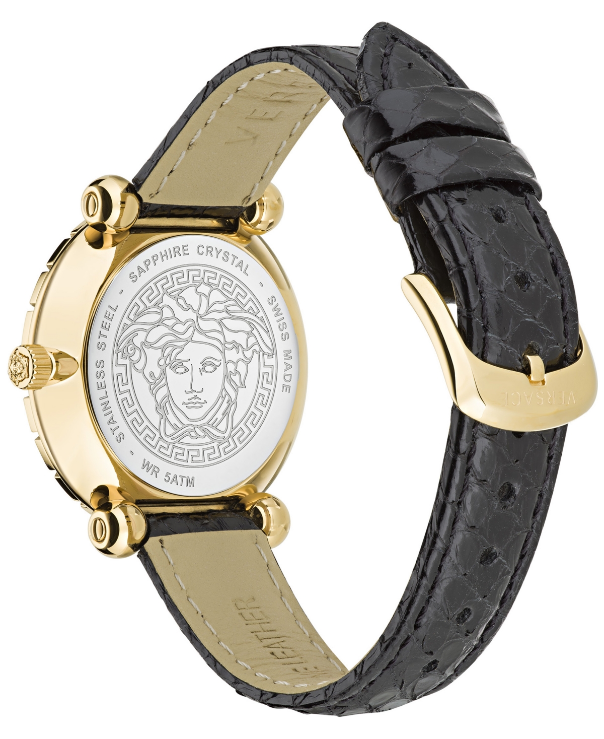 Shop Versace Women's Swiss Greca Twist Black Leather Strap Watch 35mm In Ip Yellow Gold
