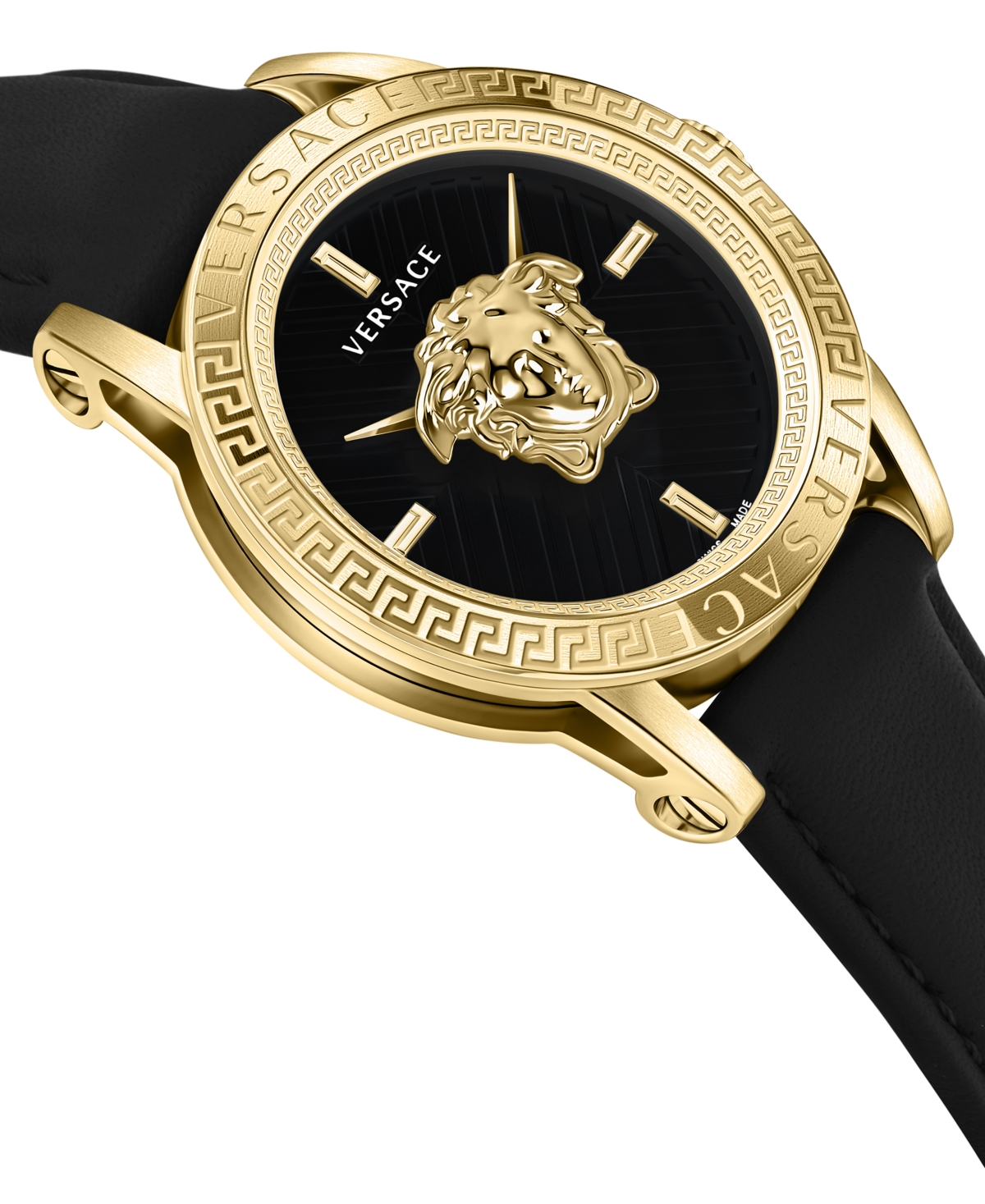 Shop Versace Men's Swiss V-code Black Leather Strap Watch 43mm In Ip Yellow Gold
