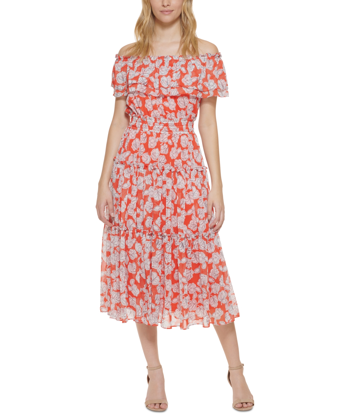 Tommy Hilfiger Women s Printed Off the shoulder Midi Dress In