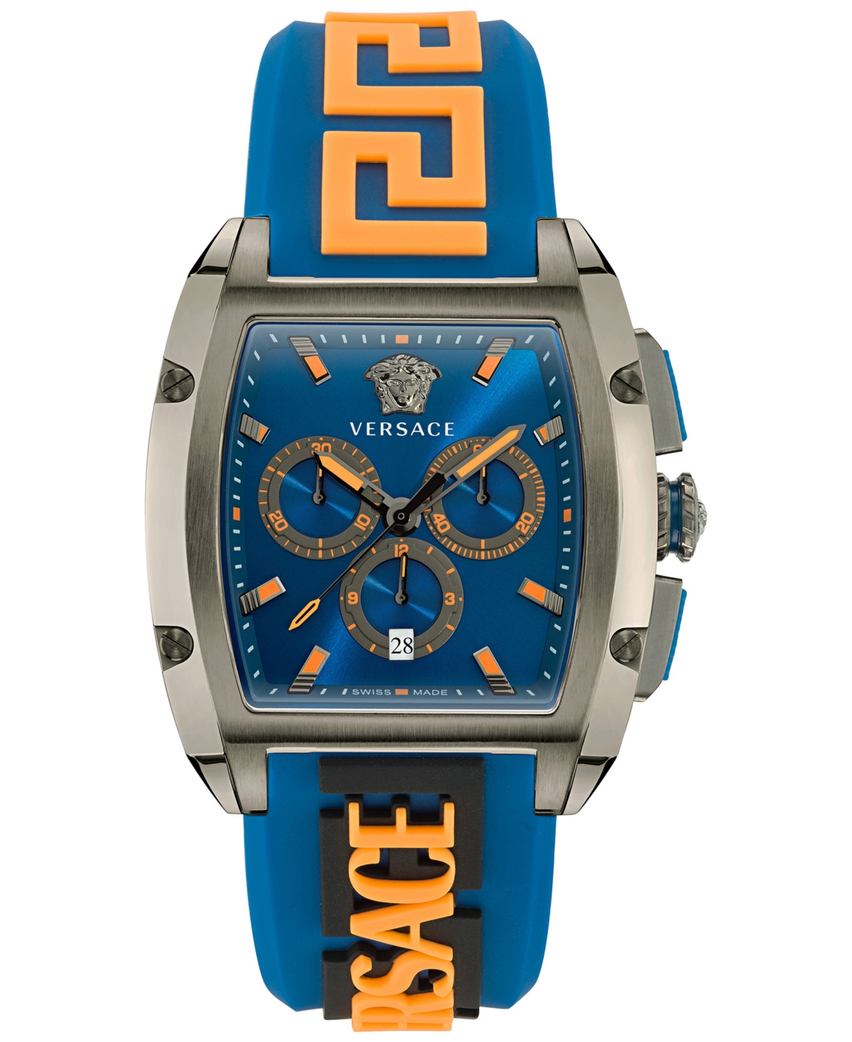 Shop Versace Men's Swiss Chronograph Dominus Blue & Orange Silicone Strap Watch 42x50mm In Ip Gunmetal