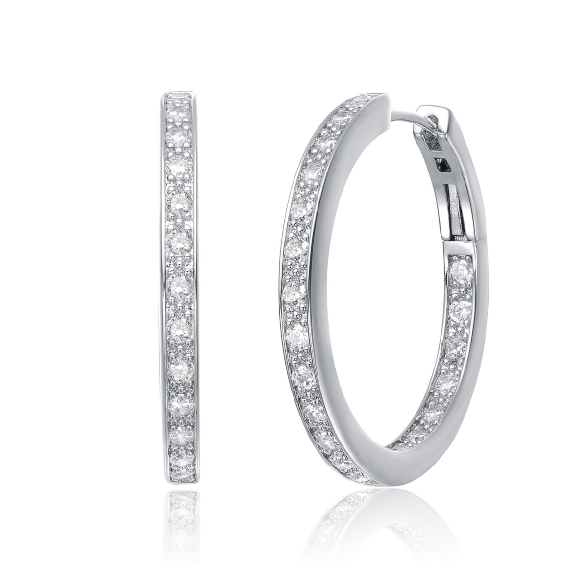 Sterling Silver White Gold and 14K Gold Plated Cubic Zirconia Hoop Earrings - White