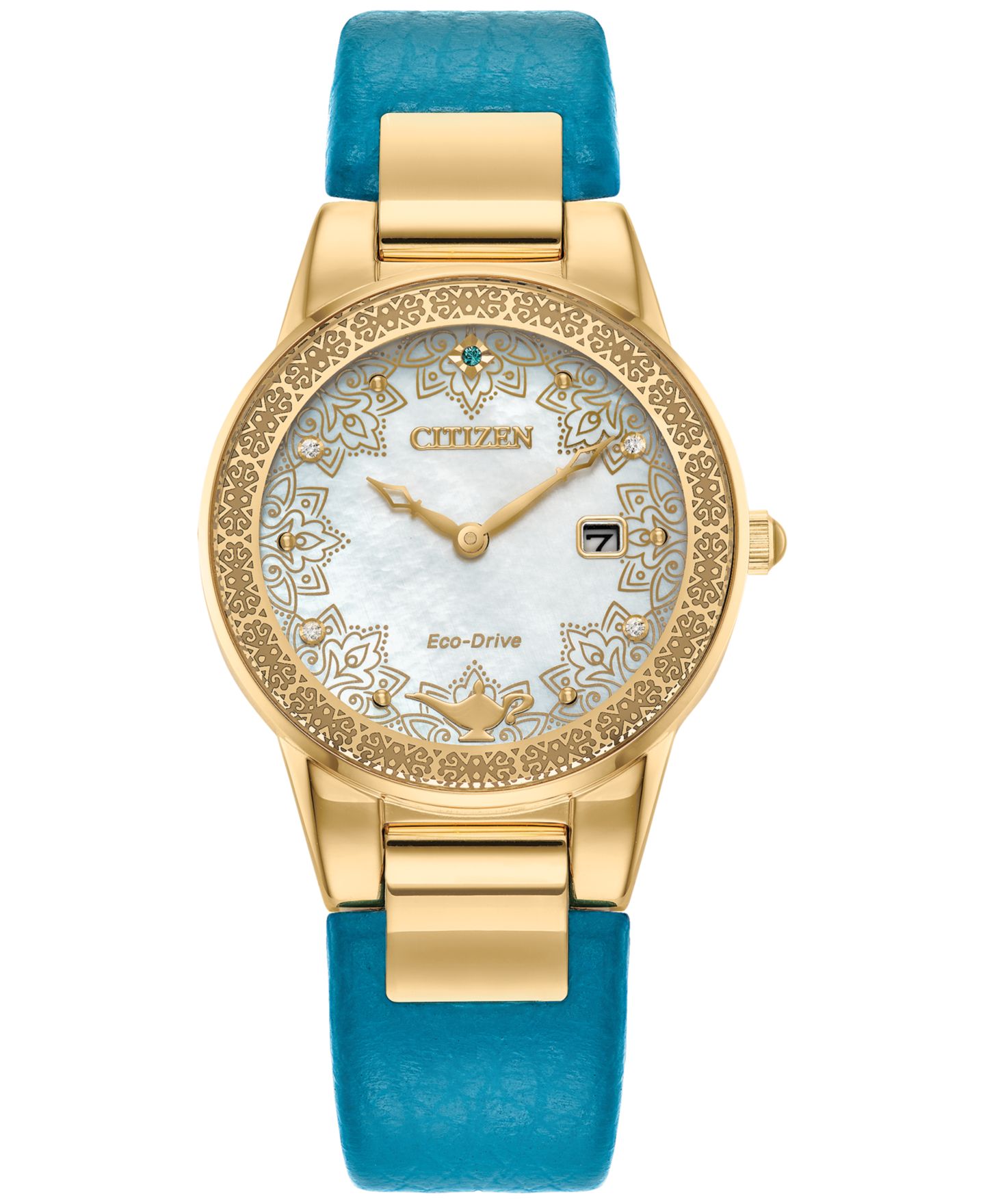 Женские часы Citizen Eco-Drive Disney Aladdin's 30th Anniversary Teal Leather Strap Watch 30mm Gift Set — фото 1