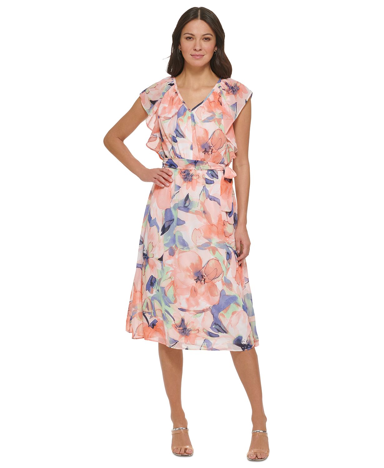 Womens V-Neck Ruffled Floral Chiffon Midi Dress