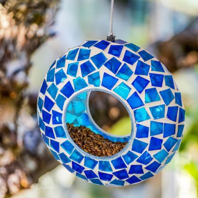Outdoor Garden Patio Round Glass with Mosaic Design Hanging Fly-Through Bird Feeder - 6"