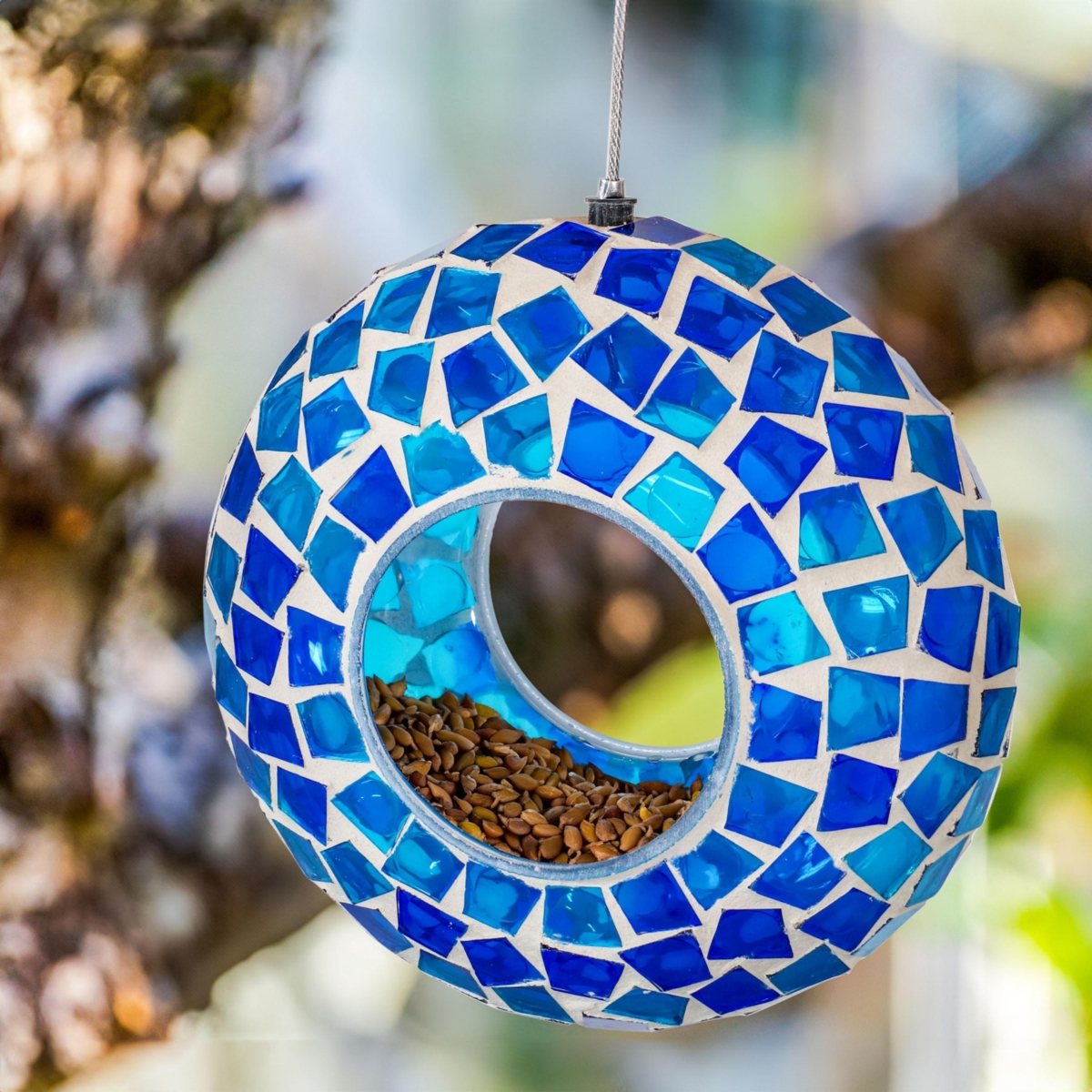 Sunnydaze Decor GlassMosaic Fly-Through Hanging Bird Feeder - - Blue