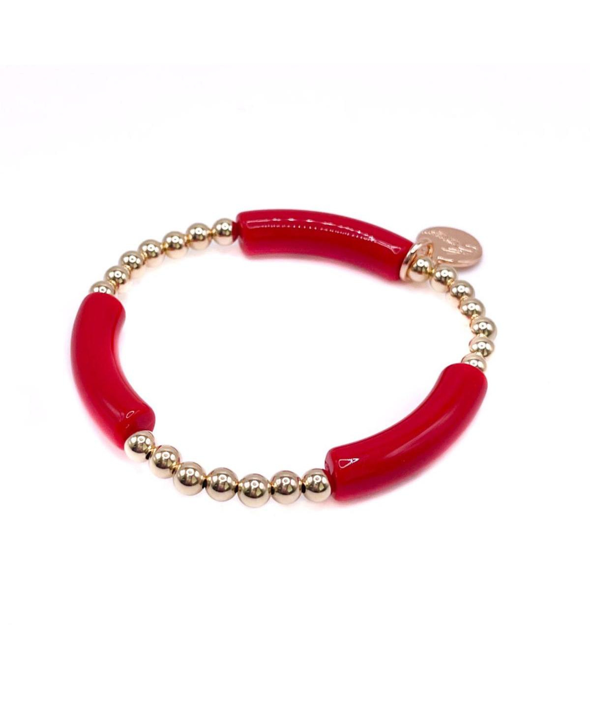 Non-Tarnishing Gold filled, 5mm Gold Ball and Acrylic Stretch Bracelet - Red