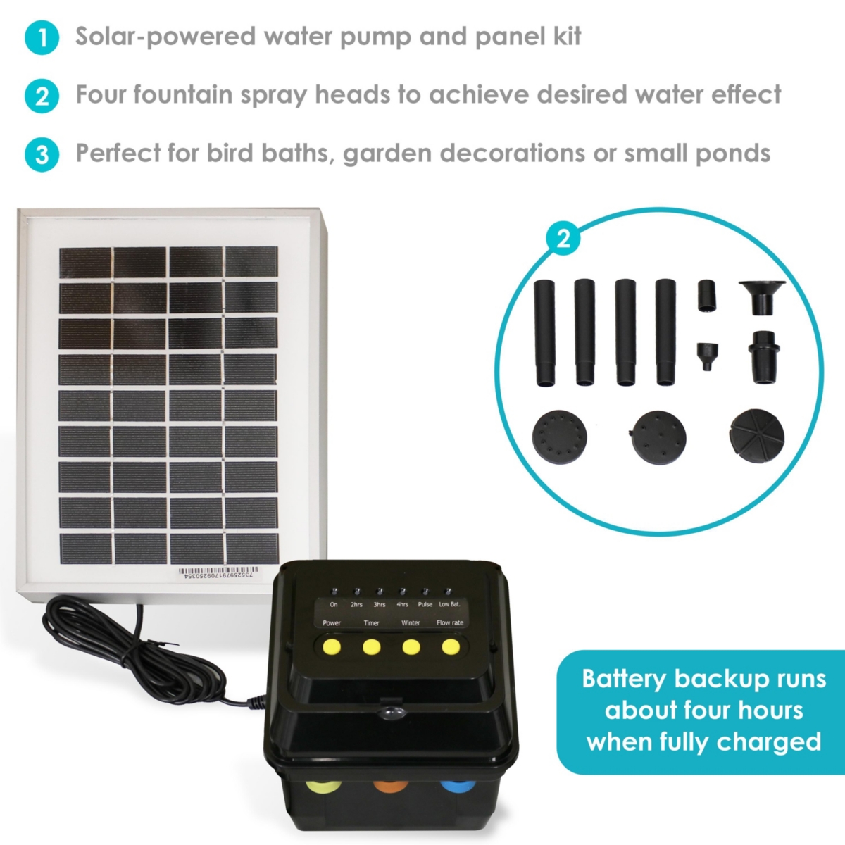 Sunnydaze Decor Gph Solar Pump and Panel Kit with Battery and Light