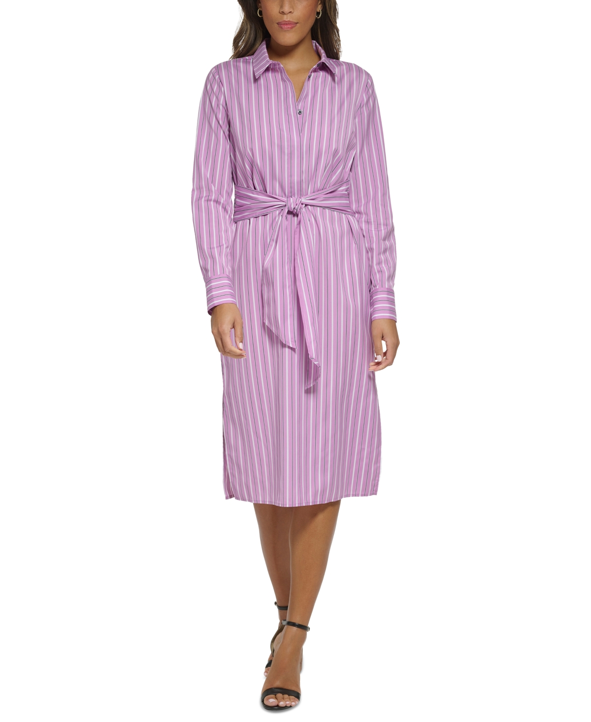 Donna Karan Women's Striped Button-Placket Tie-Waist Dress