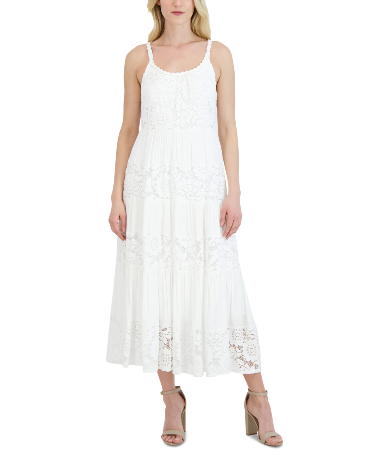 Petite Lace Scoop-Neck Tiered Midi Dress - White