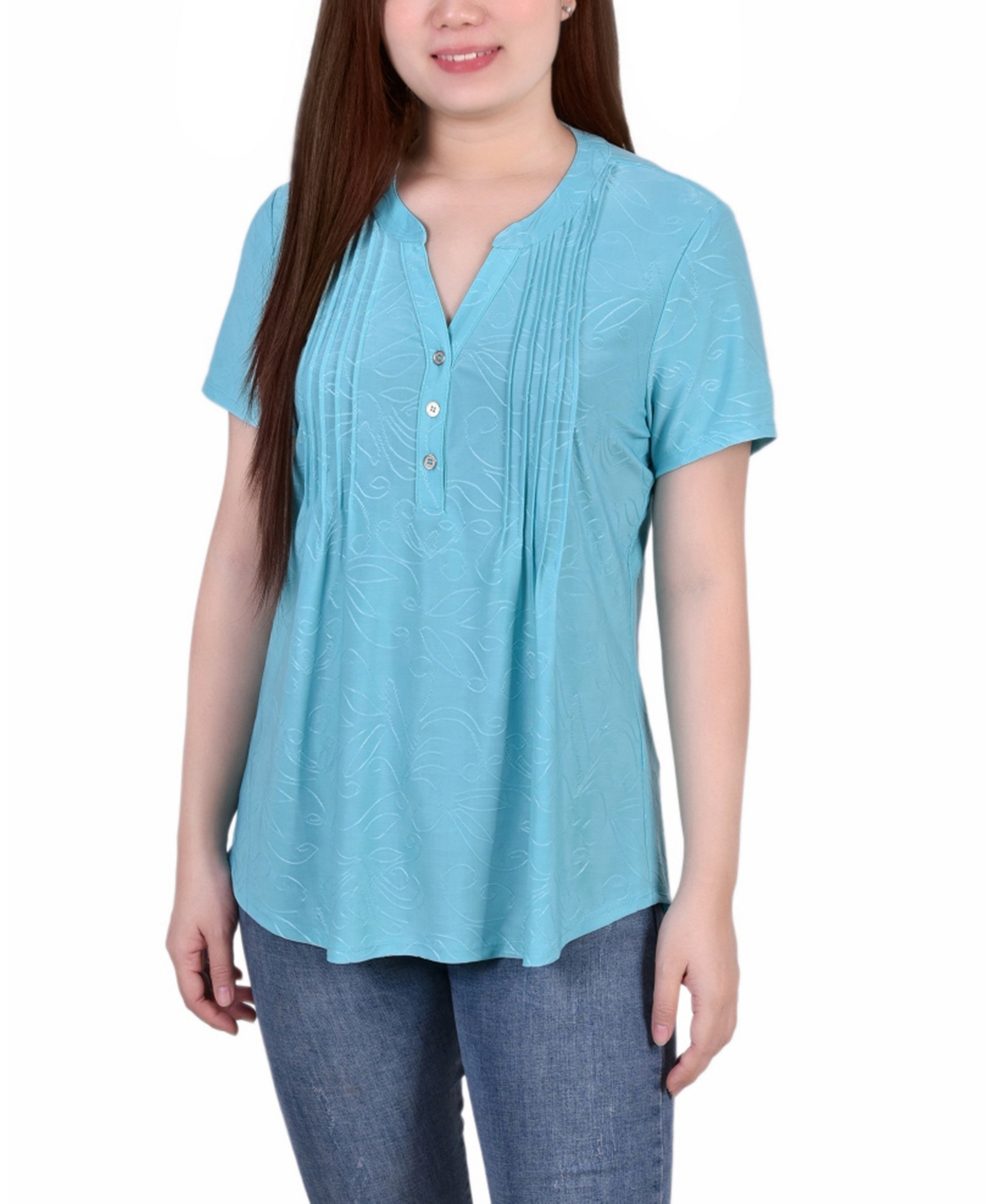 Ny Collection Petite Pintuck Short Sleeve Top In Blue Curacao