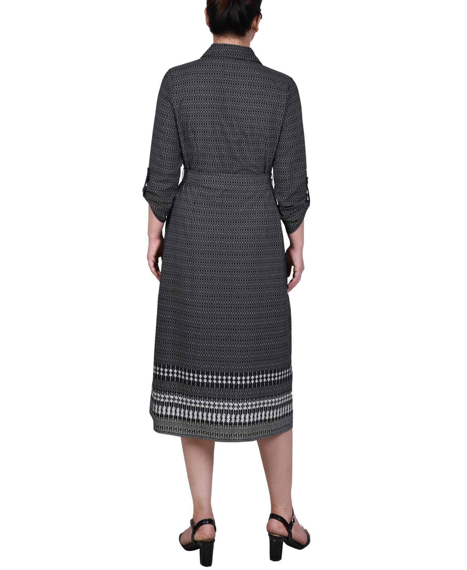 Petite 3/4 Roll Tab Sleeve Belted Shirtdress