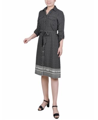 Petite 3/4 Roll Tab Sleeve Belted Shirtdress