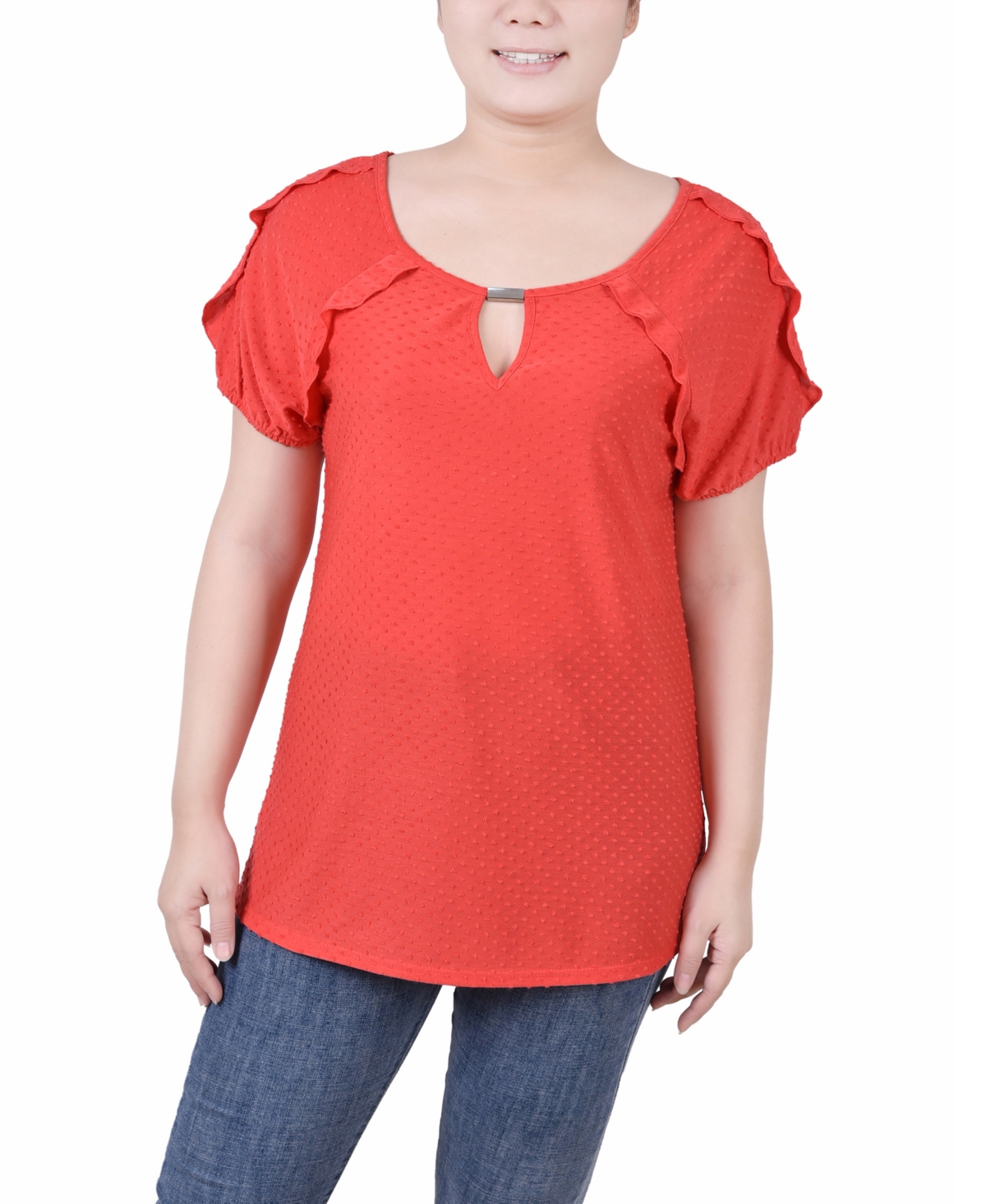 Ny Collection Petite Swiss Dot Short Sleeve Top In Cayenne