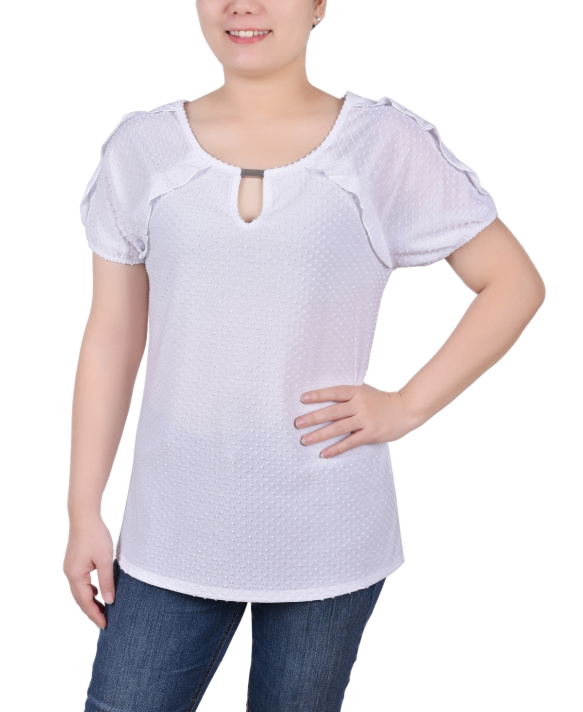 Ny Collection Petite Swiss Dot Short Sleeve Top In White