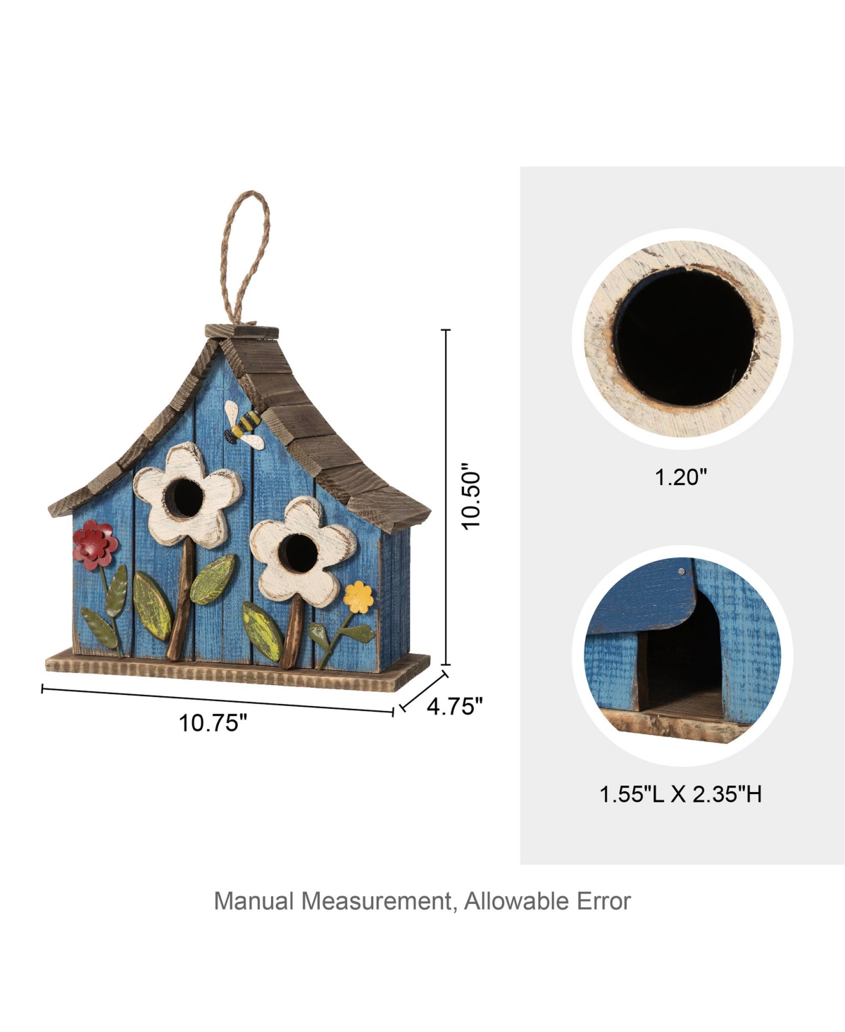 Glitzhome 10.5'' H Distressed Solid Wood Birdhouse with 3D Flowers