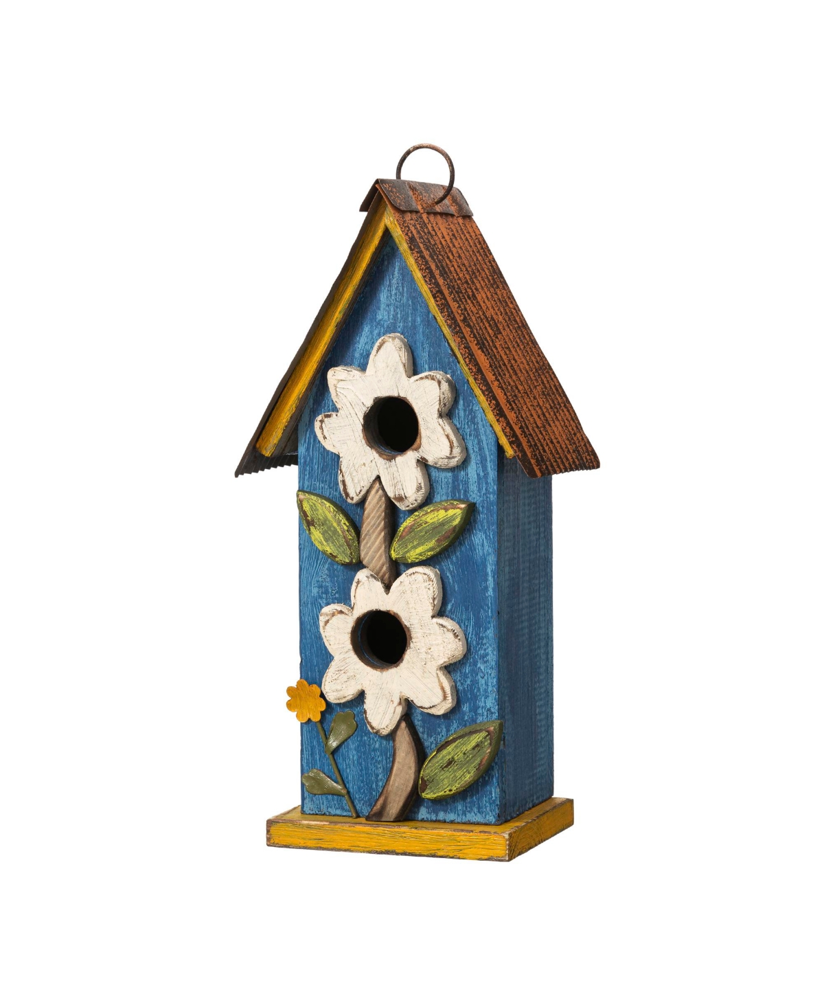 13.75" H Washed Two-Tiered Distressed Solid Wood Birdhouse with 3D Flowers - Blue