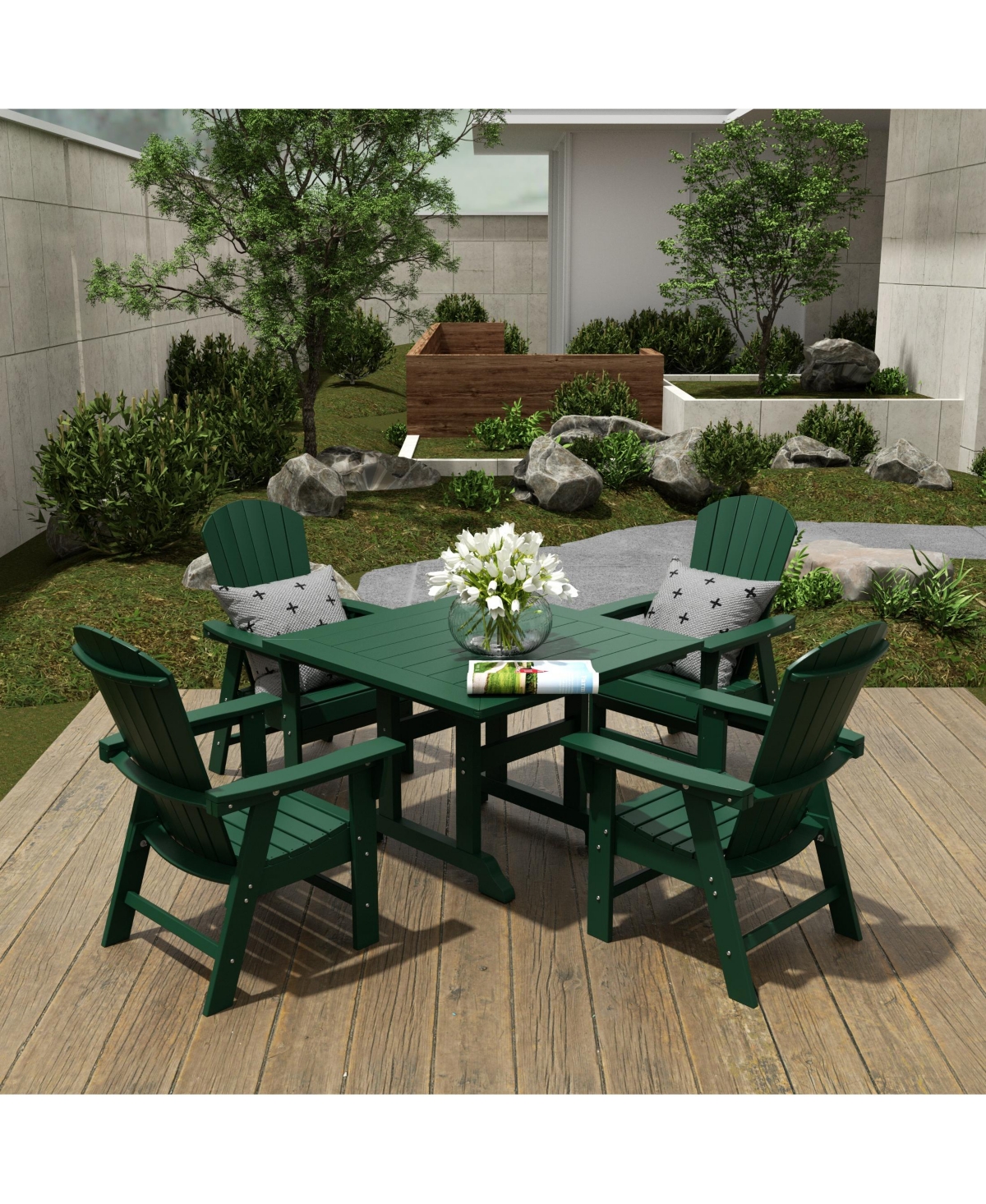 WestinTrends 5 Piece Outdoor Patio Dining Square Table and Shell Back Armchair Set