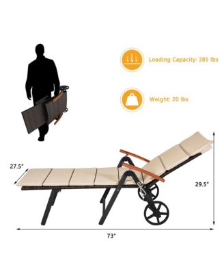 Folding Patio Rattan Lounge Chair Chaise Cushioned Aluminum Adjust Wheel