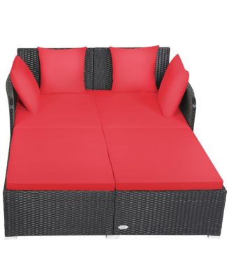Outdoor Patio Rattan Daybed Pillows Cushioned Sofa Furniture