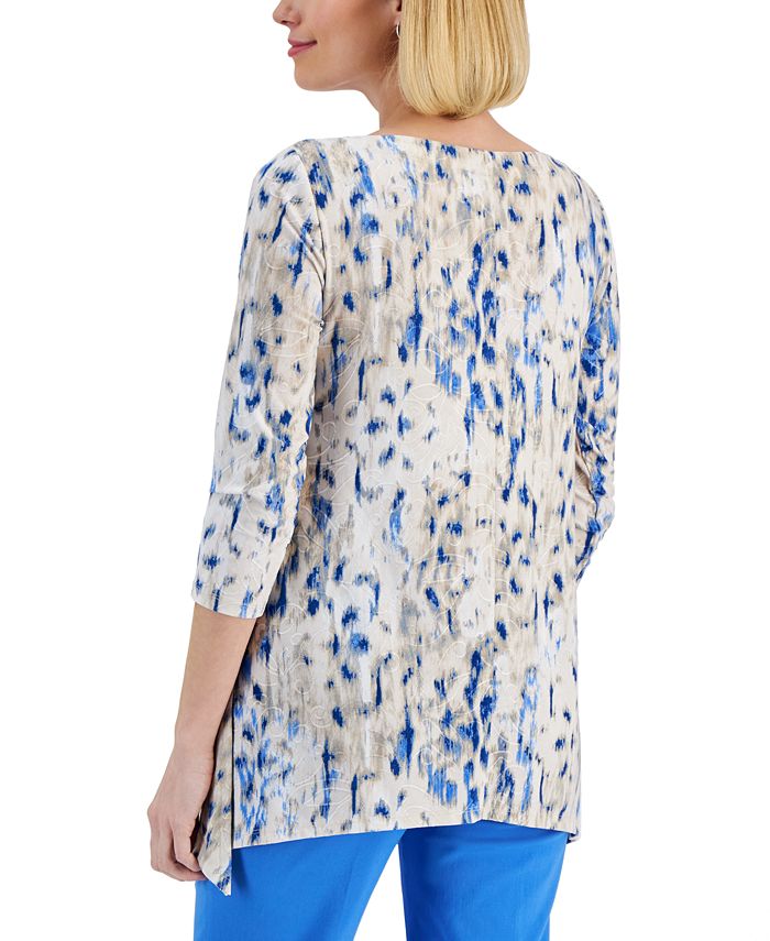JM Collection Petite Ikat Floral Jacquard 3/4-Sleeve Top, Created for ...