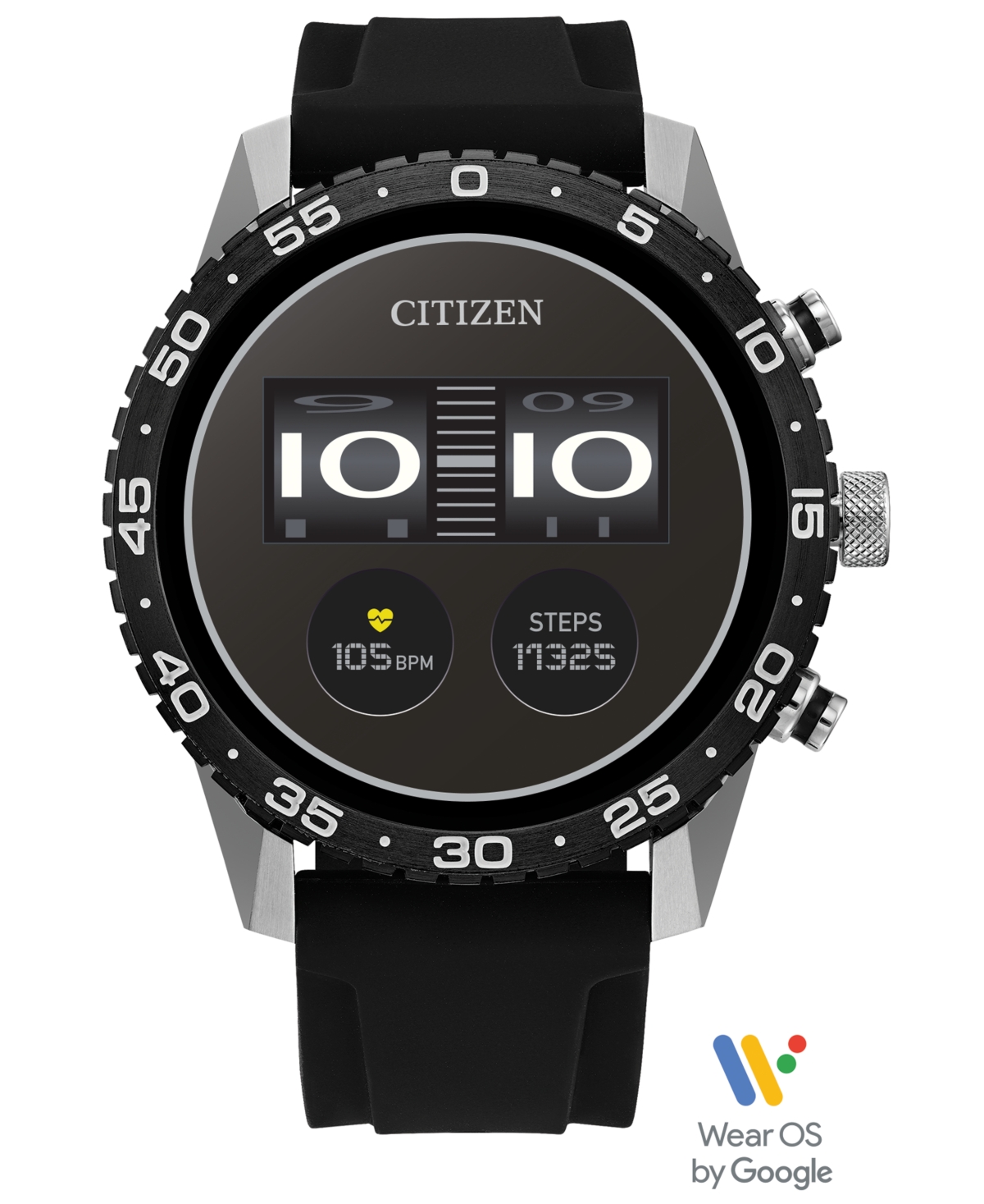 Citizen Unisex Cz Smart Wear Os Black Silicone Strap Smart Watch 45mm In Silver-tone