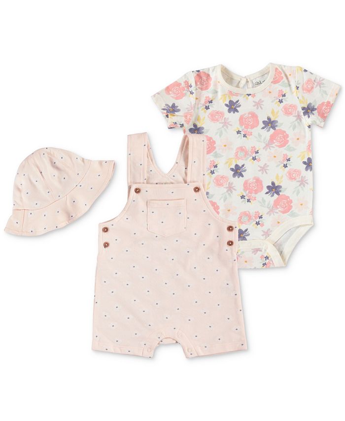 Chickpea Baby Girls Shortall, Floral Bodysuit, and Hat, 3 Piece Set