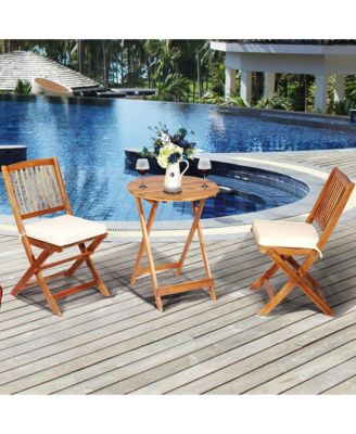 3PCS Patio Folding Wooden Bistro Set Cushioned Chair Conversation Garden