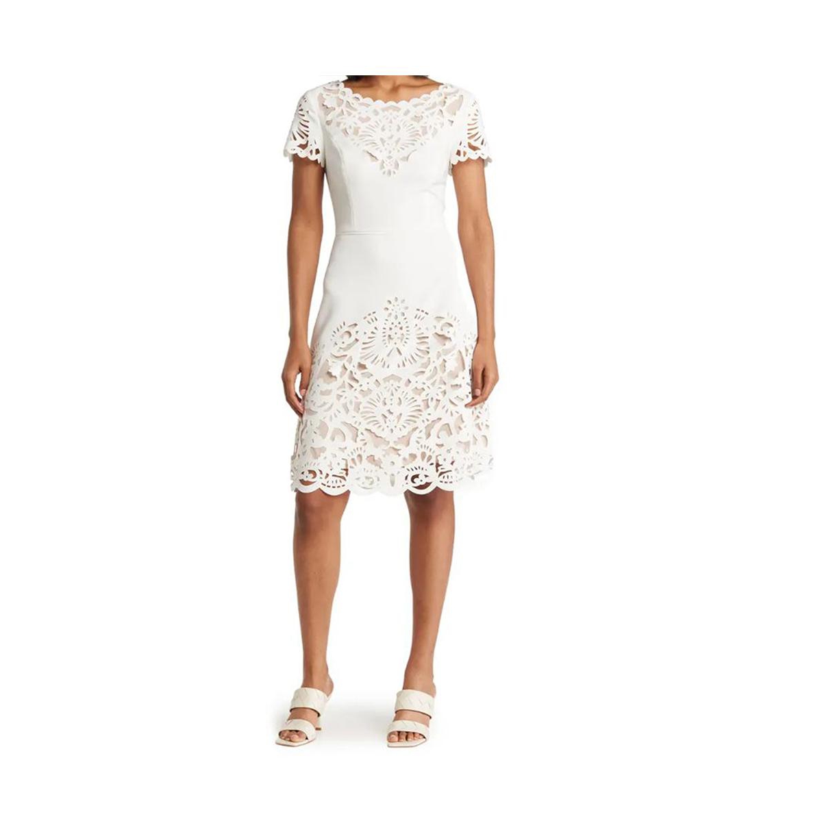 Focus By Shani Fnf Dress With Laser Cutting Detail At Bodice And Hem For Women In Ivory/nude