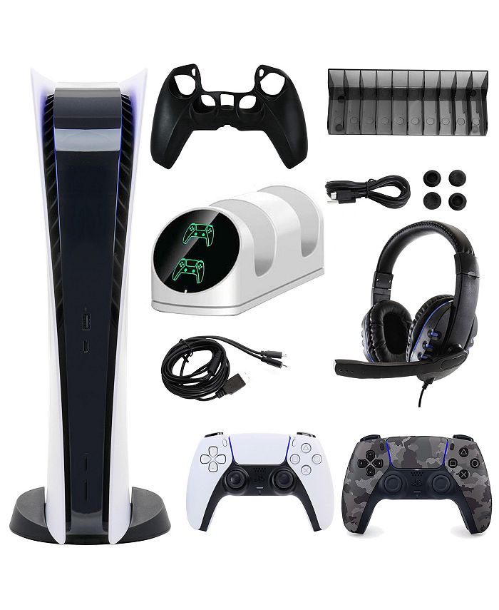 Sony PS5 Digital Console with Extra Gray Camo DualSense Controller and Accessories Kit - Open White