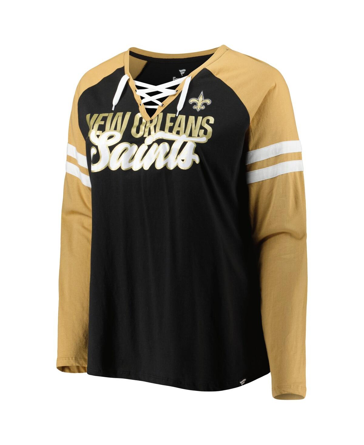 Women's Fanatics Vegas Gold New Orleans Saints Plus Size True to Form Lace-Up V-Neck Raglan Long Sleeve T-shirt - Vegas Gold
