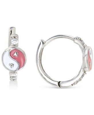 Cubic Zirconia & Enamel Yin Yang Small Hoop Earrings, 0.51"