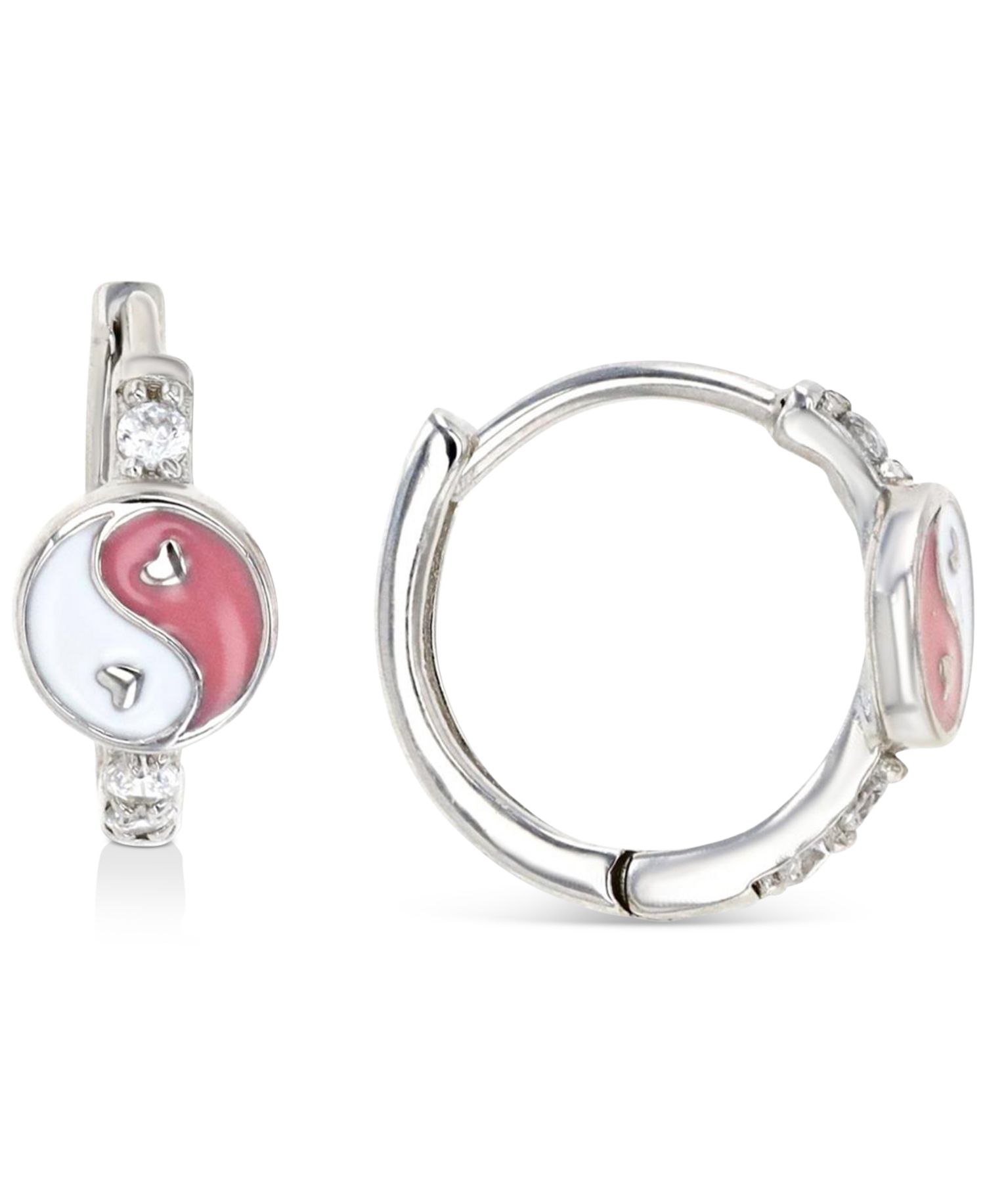 Cubic Zirconia & Enamel Yin Yang Small Hoop Earrings, 0.51"