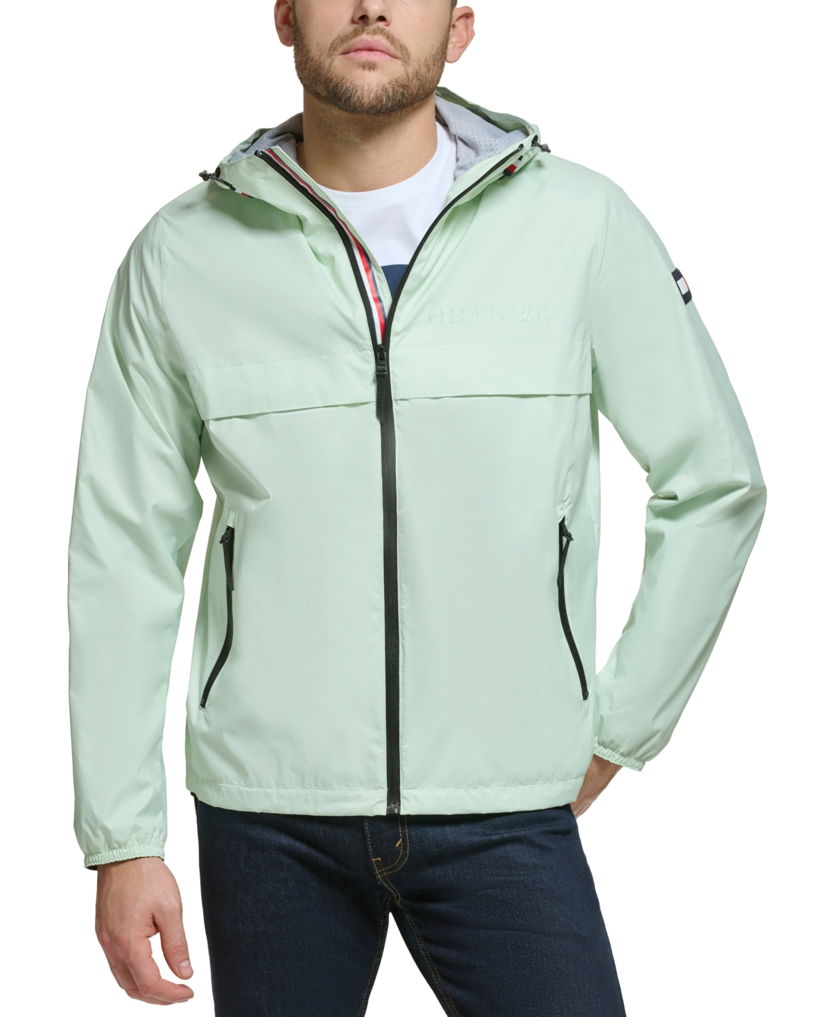 Tommy Hilfiger Men's Stretch Hooded Zip-front Rain Jacket Pastel Green | ModeSens