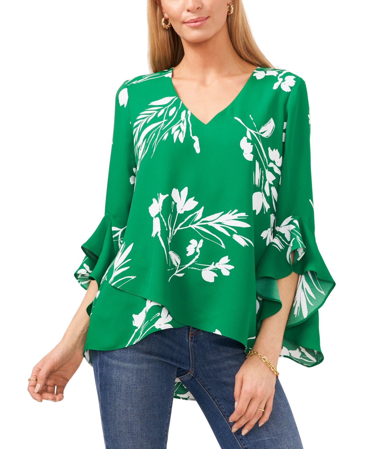 Vince Camuto Women's Floral Whisper Printed Flutter-sleeve Blouse In Rich Meadow
