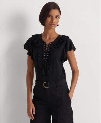 Lauren Ralph Lauren - Women's Ruffle-Trim Lace-Up Jersey T-Shirt