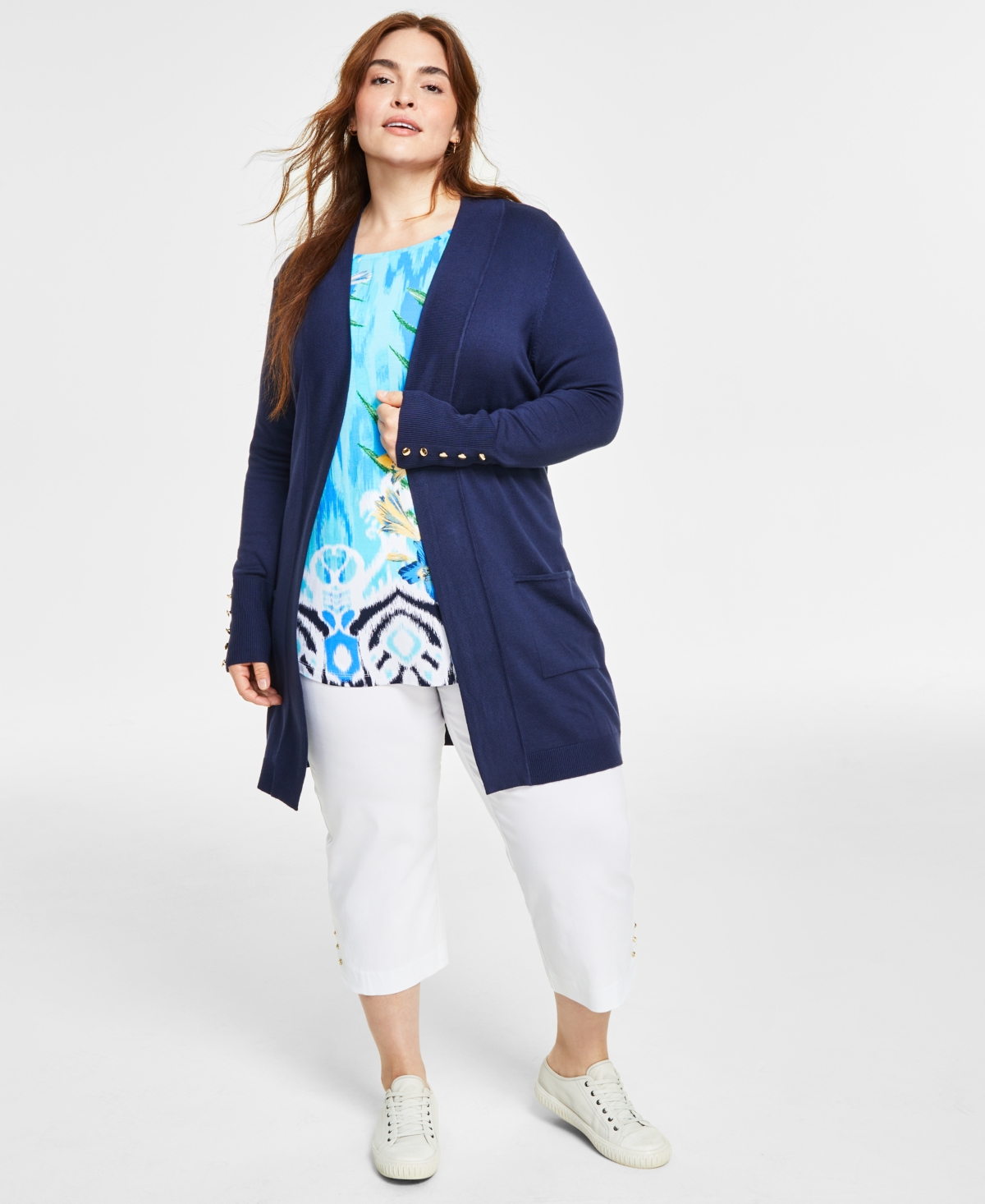 Plus Size Open-Front Long-Sleeve Cardigan, Exclusively at Macy's - Intrepid Blue