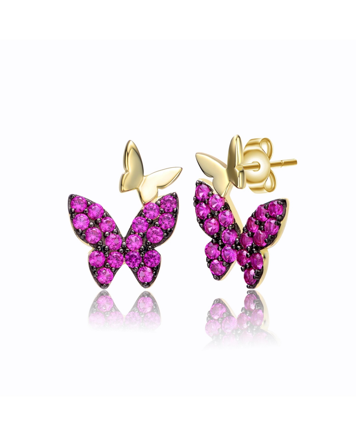 GENEVIVE STERLING SILVER 14K YELLOW GOLD PLATED WITH RUBY CUBIC ZIRCONIA DOUBLE BUTTERFLY DROP EARRINGS