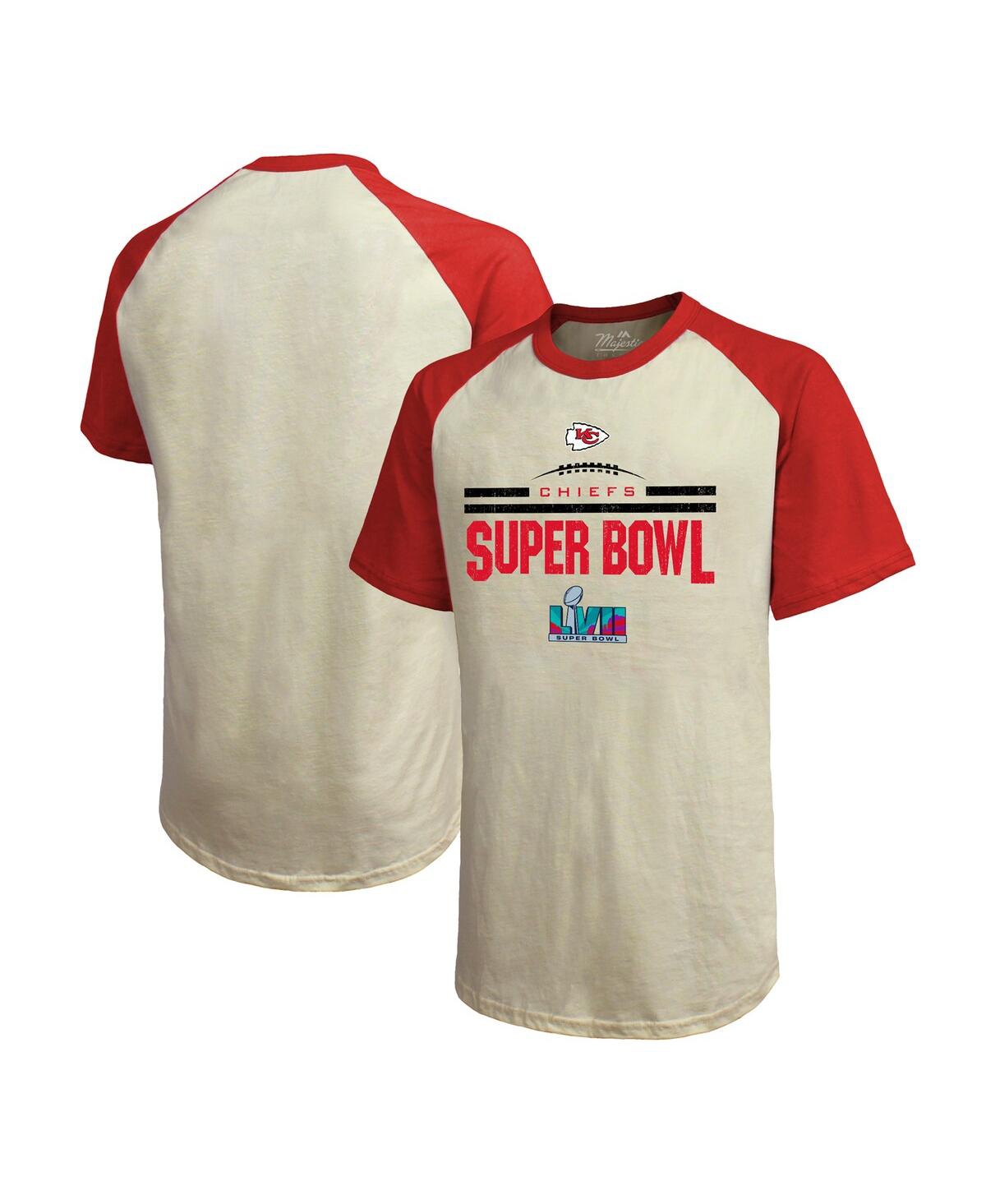 Men's Majestic Threads Cream, Red Kansas City Chiefs Super Bowl Lvii Goal Line Stand Raglan T-shirt - Cream, Red