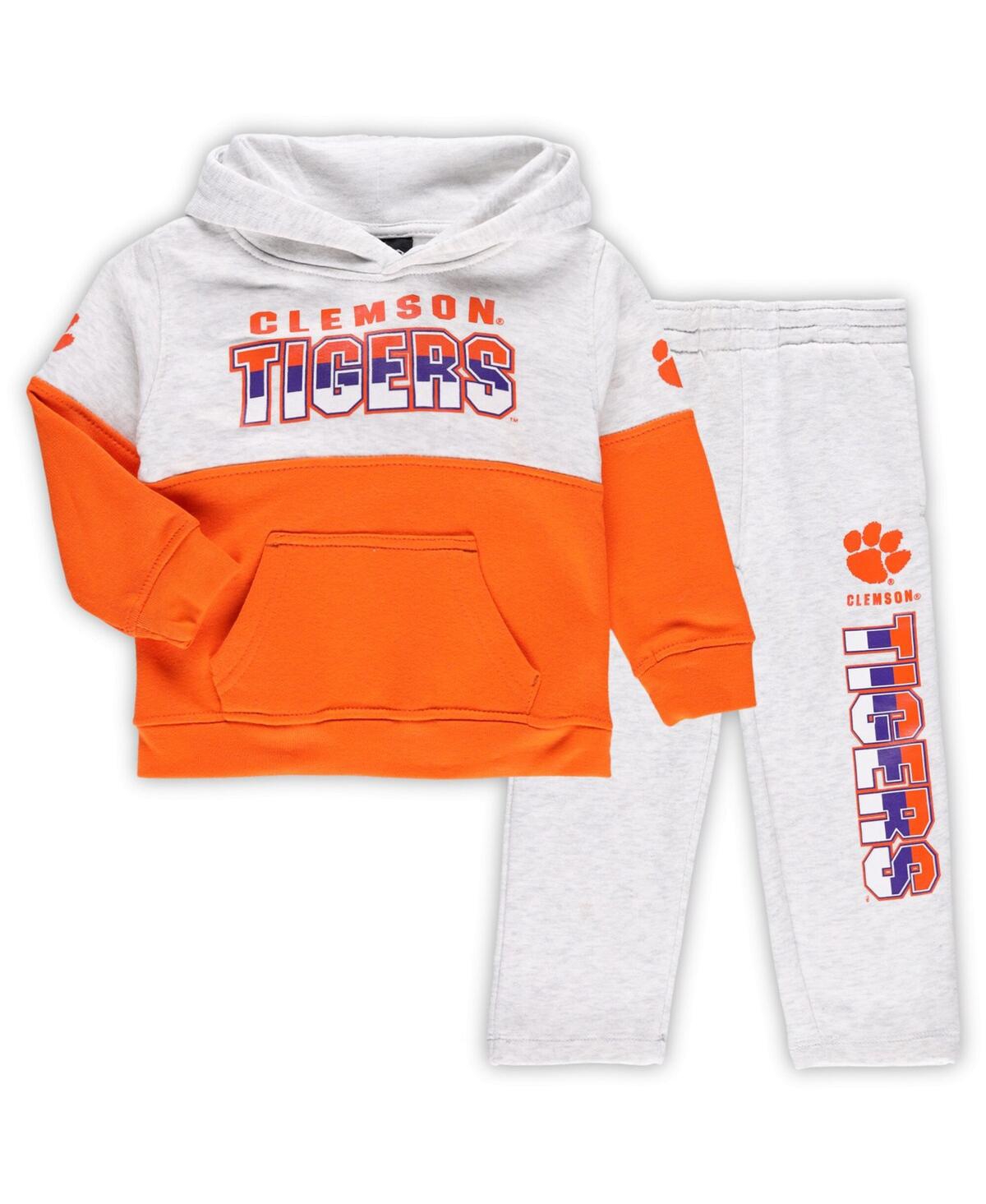 Outerstuff Babies' Toddler Boys And Girls Heather Gray, Orange Clemson Tigers Playmaker Pullover Hoodie And Pants Set In Heather Gray,orange