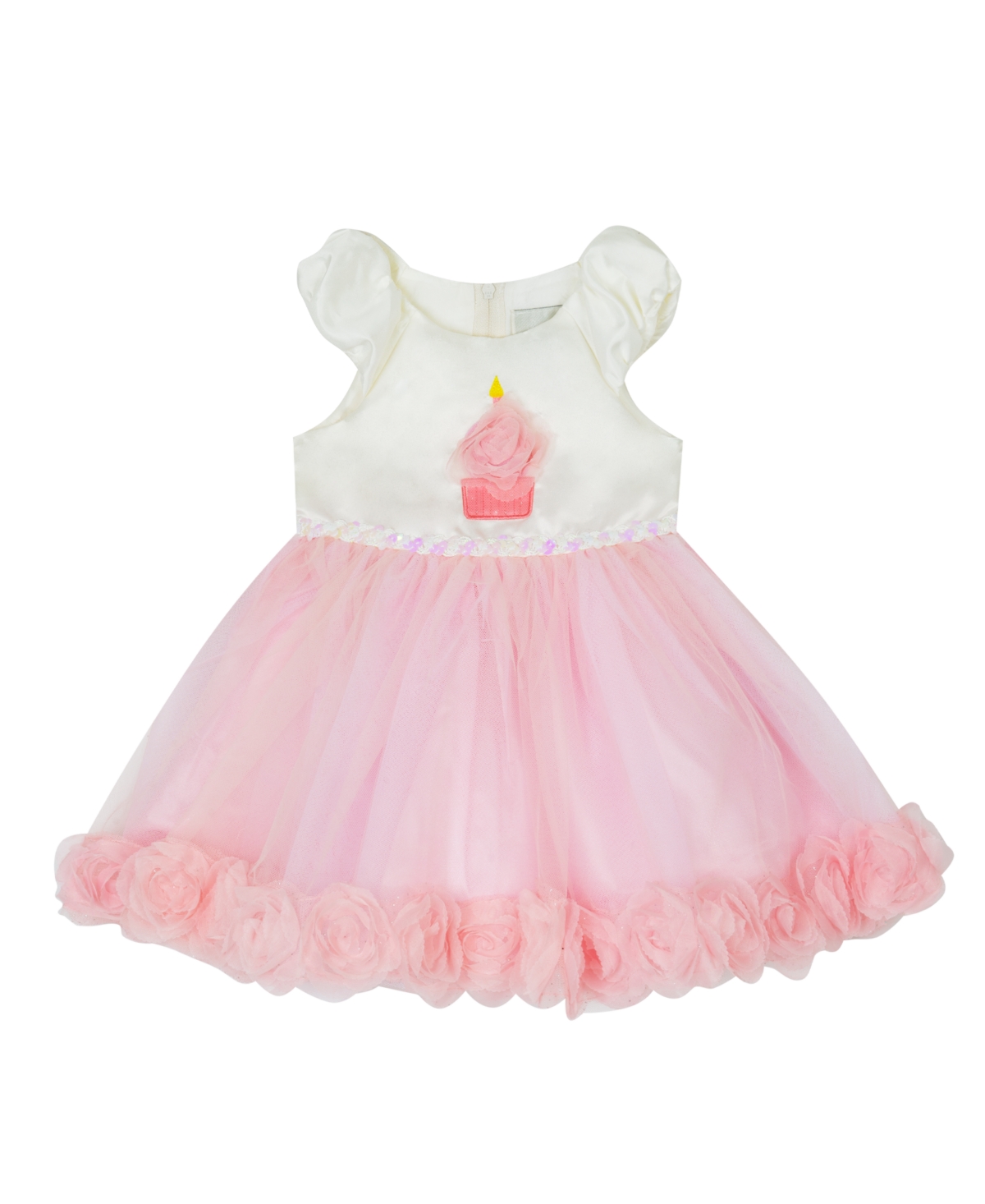 Rare Editions Baby Girls Satin Cap Sleeved Dress With Birthday Cupcake Applique In Blush