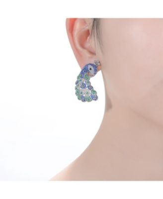 Sterling Silver White Gold Plated Blue and Green Cubic Zirconia "Peacock" Butterfly Earrings